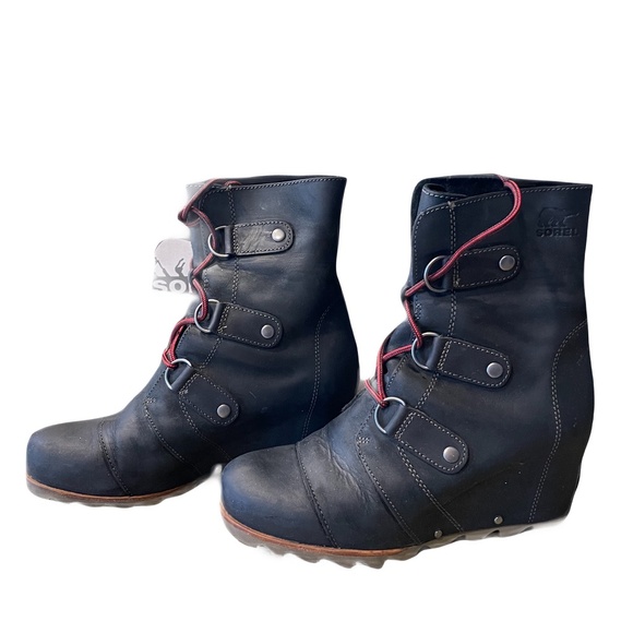 ❤️ SOREL JOAN OF ARTIC WEDGE BLACK MID BOOTS SIZE 8.5 - Picture 1 of 10
